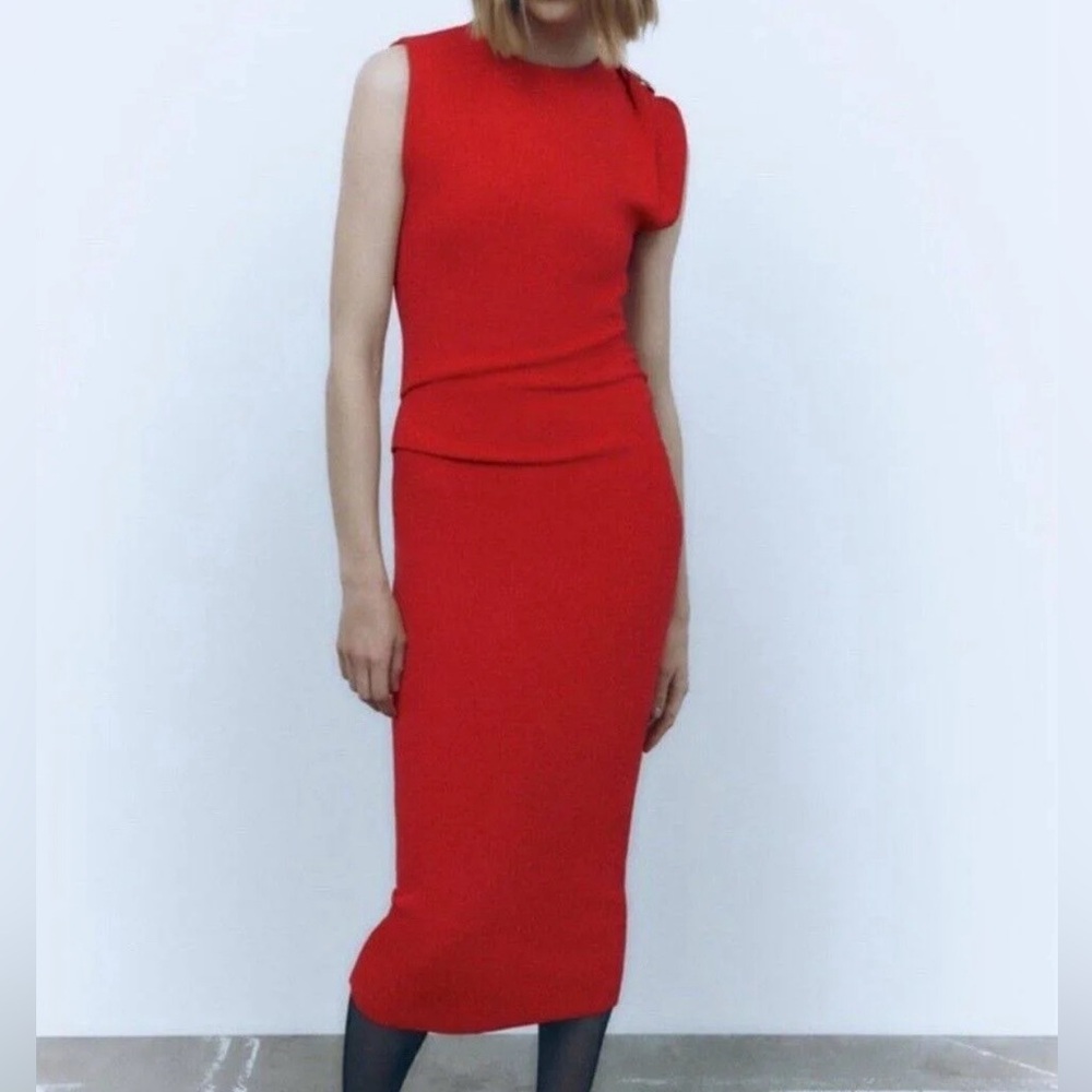 Zara Red Knit Dress with Gold Brooch